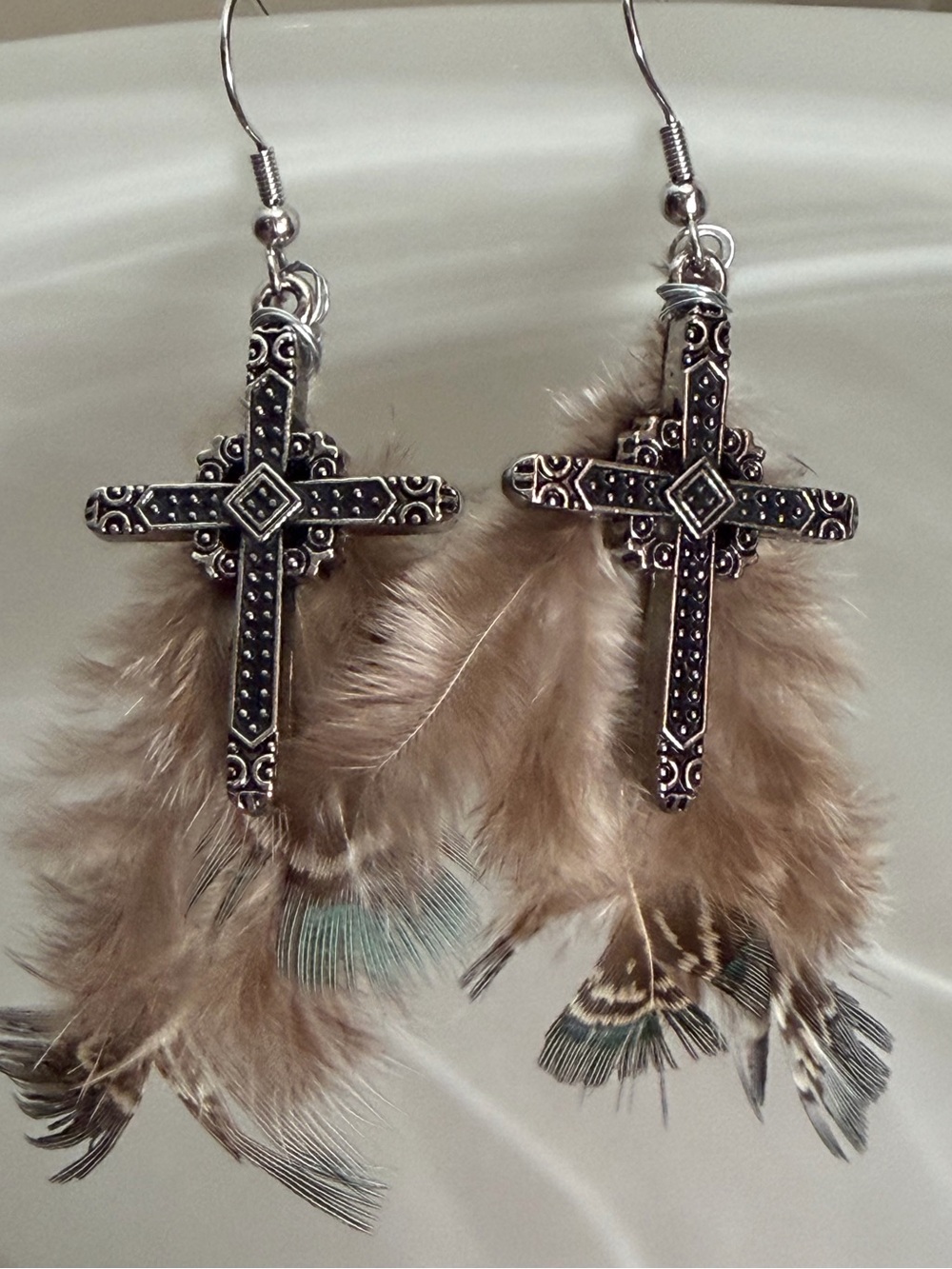 Boho Feather Silver Plated Cross Statement Earrings - Hand Crafted